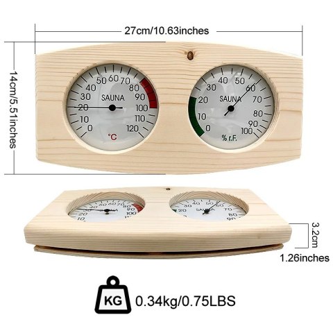 Termometr i Higrometr Drewniany do Sauny – Zakres 10–120°C, 0–100% RH, Świerk